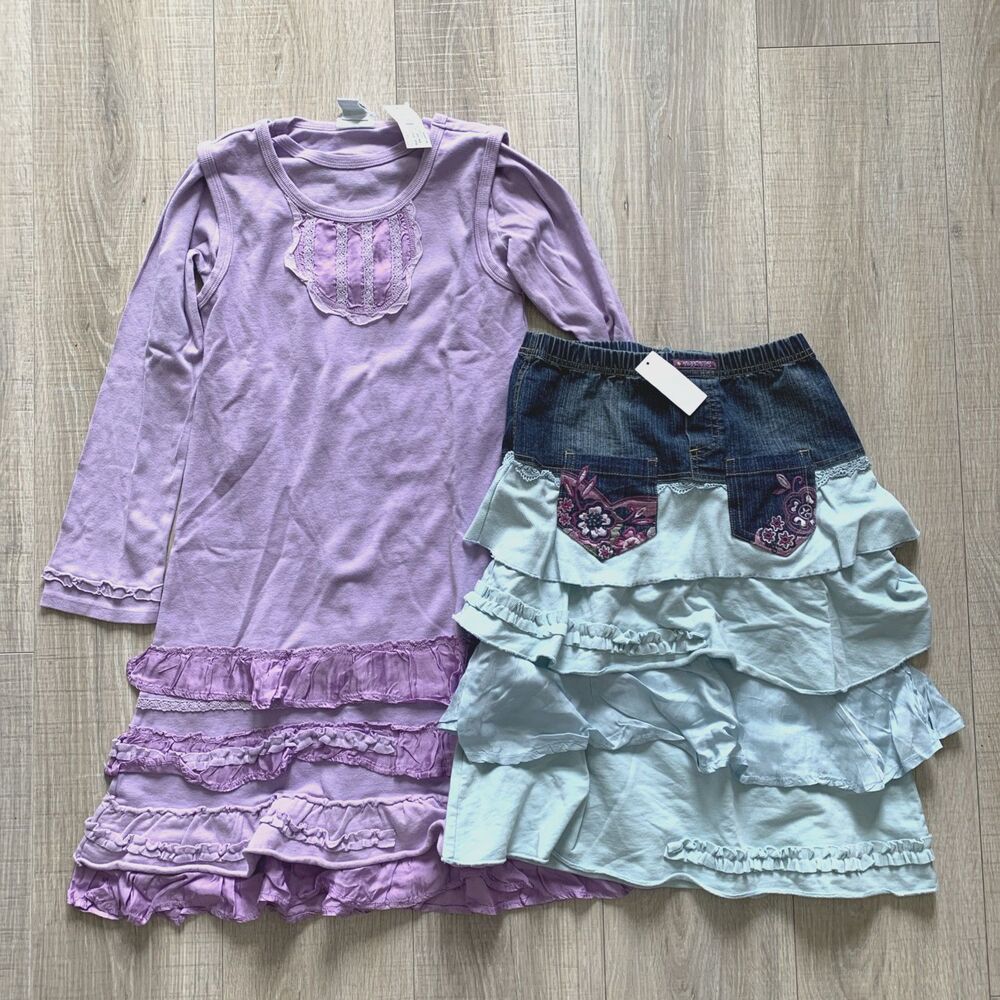 Naartjie Tiered Ruffled Denim Layered Skirt Long Sleeve Dress Girl Purple Sz 10